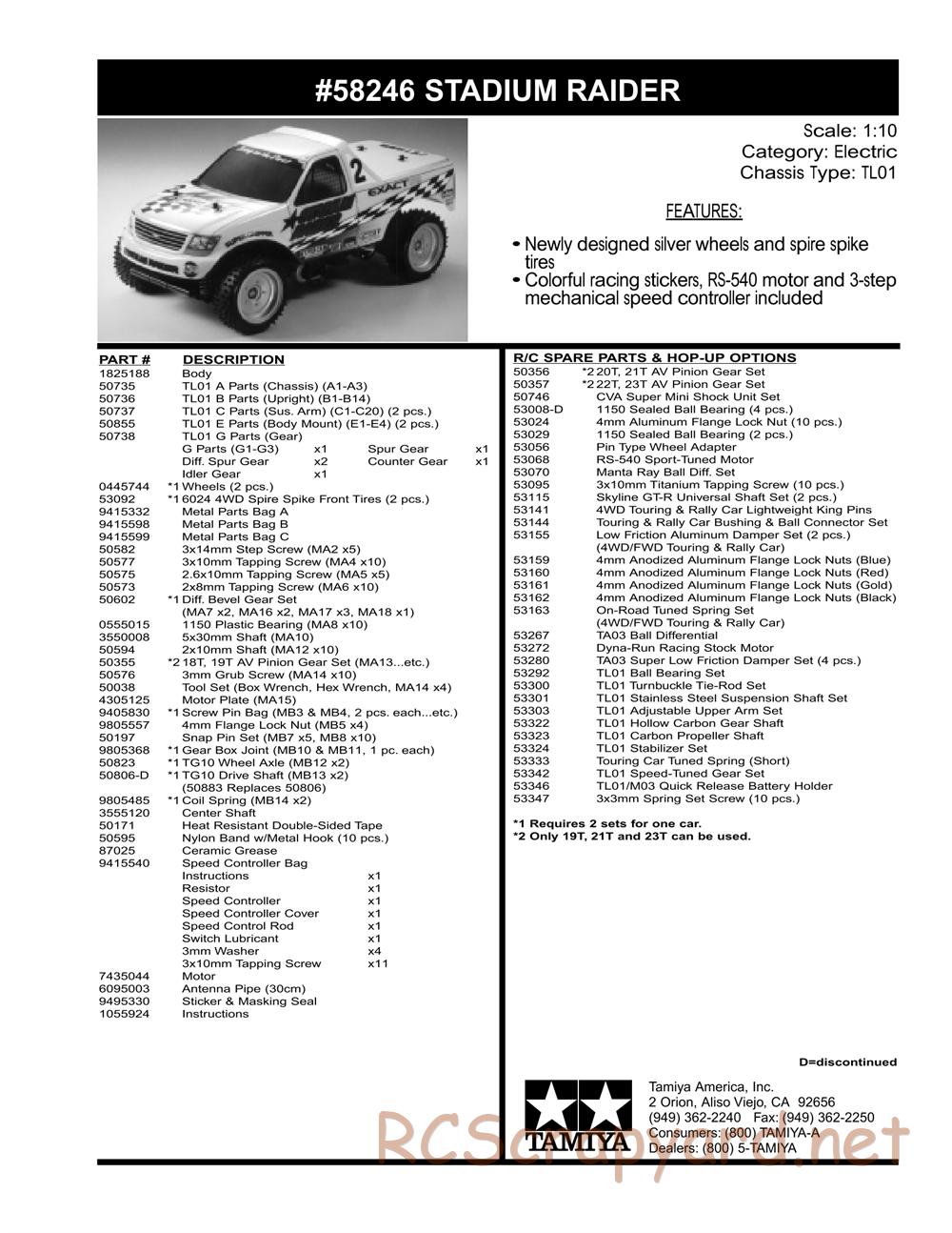 Tamiya - Stadium Raider - TL-01 Chassis - Parts List - Page 2