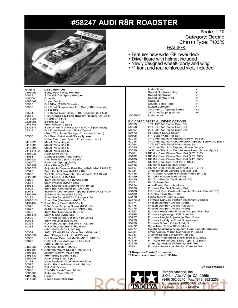 Tamiya - Audi R8R - F103LM Chassis - Parts List - Page 2