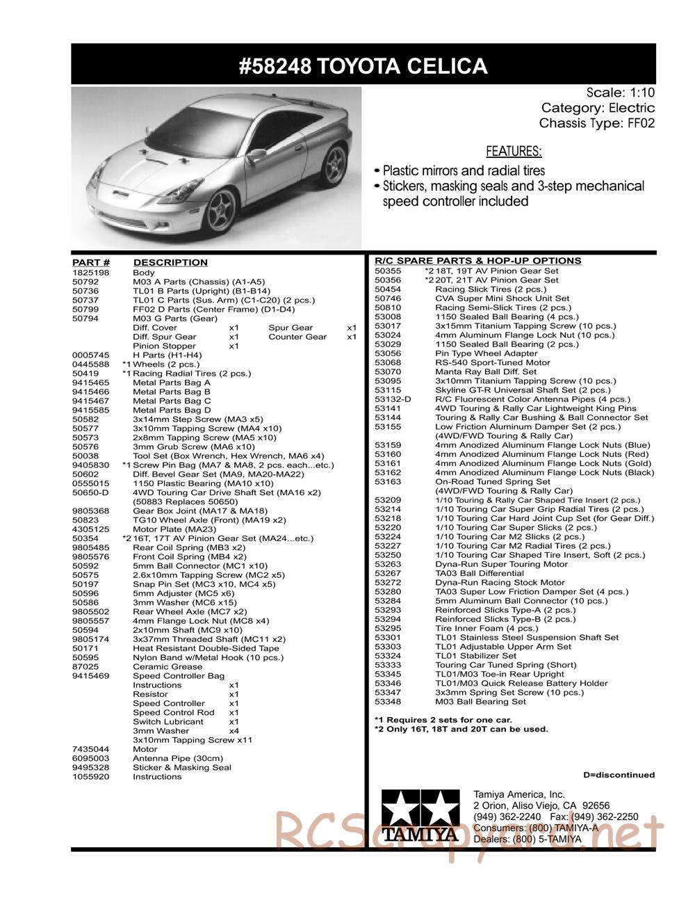 Tamiya - Toyota Celica - FF-02 Chassis - Parts List - Page 2
