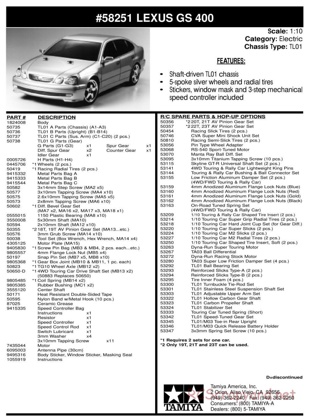 Tamiya - Lexus GS 400 - TL-01 Chassis - Parts List