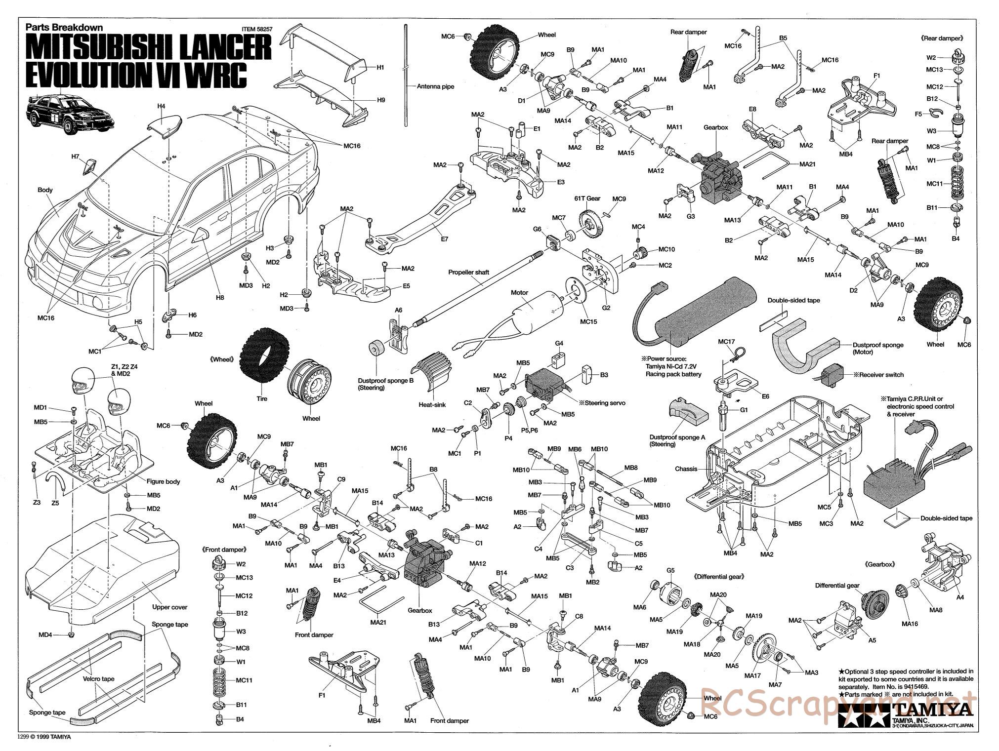 Tamiya - Mitsubishi Lancer Evolution VI WRC - TB-01 Chassis - Exploded View - Page 1