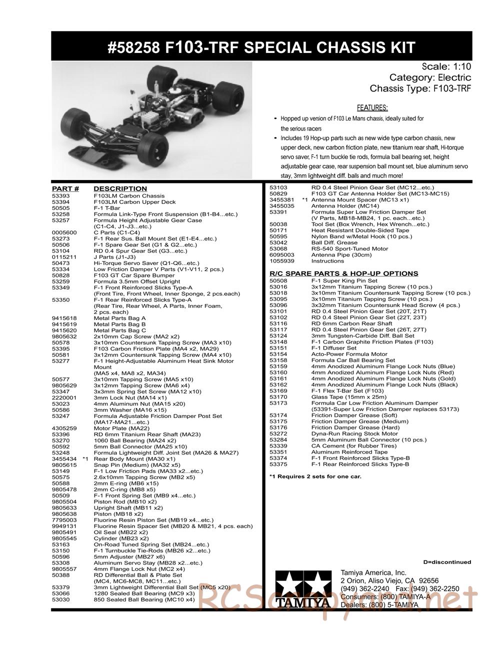 Tamiya - F103LM TRF Special Chassis - Parts List - Page 1