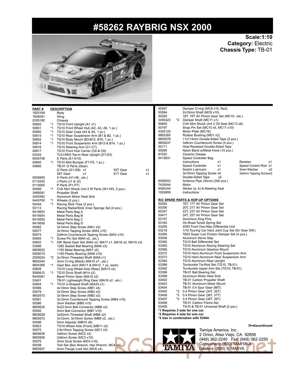 Tamiya - Raybrig NSX 2000 - TB-01 Chassis - Parts List - Page 2