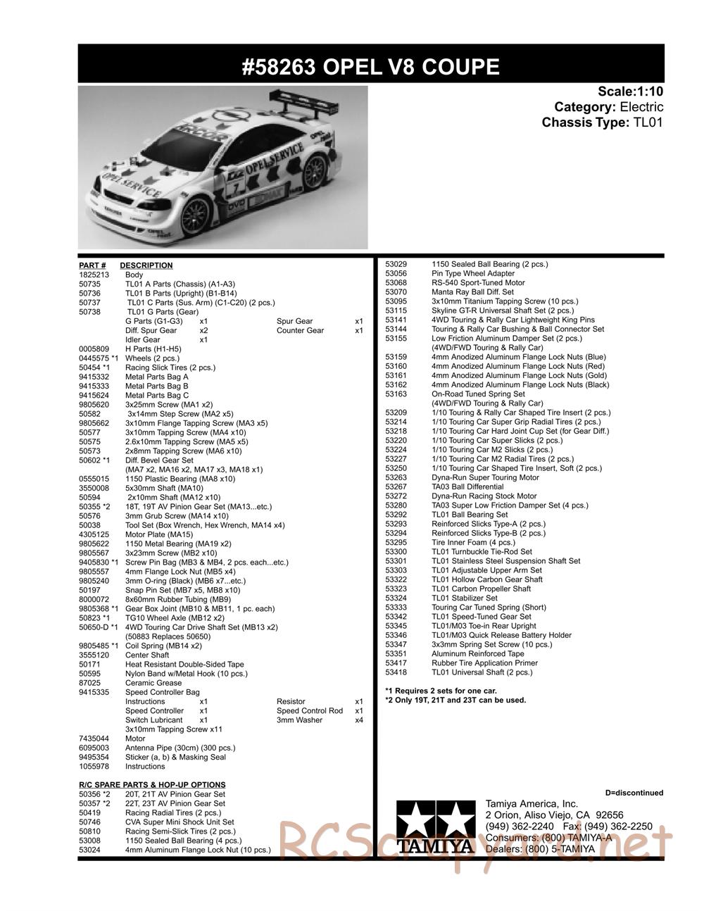 Tamiya - Opel V8 Coupe - TL-01 Chassis - Parts List - Page 2