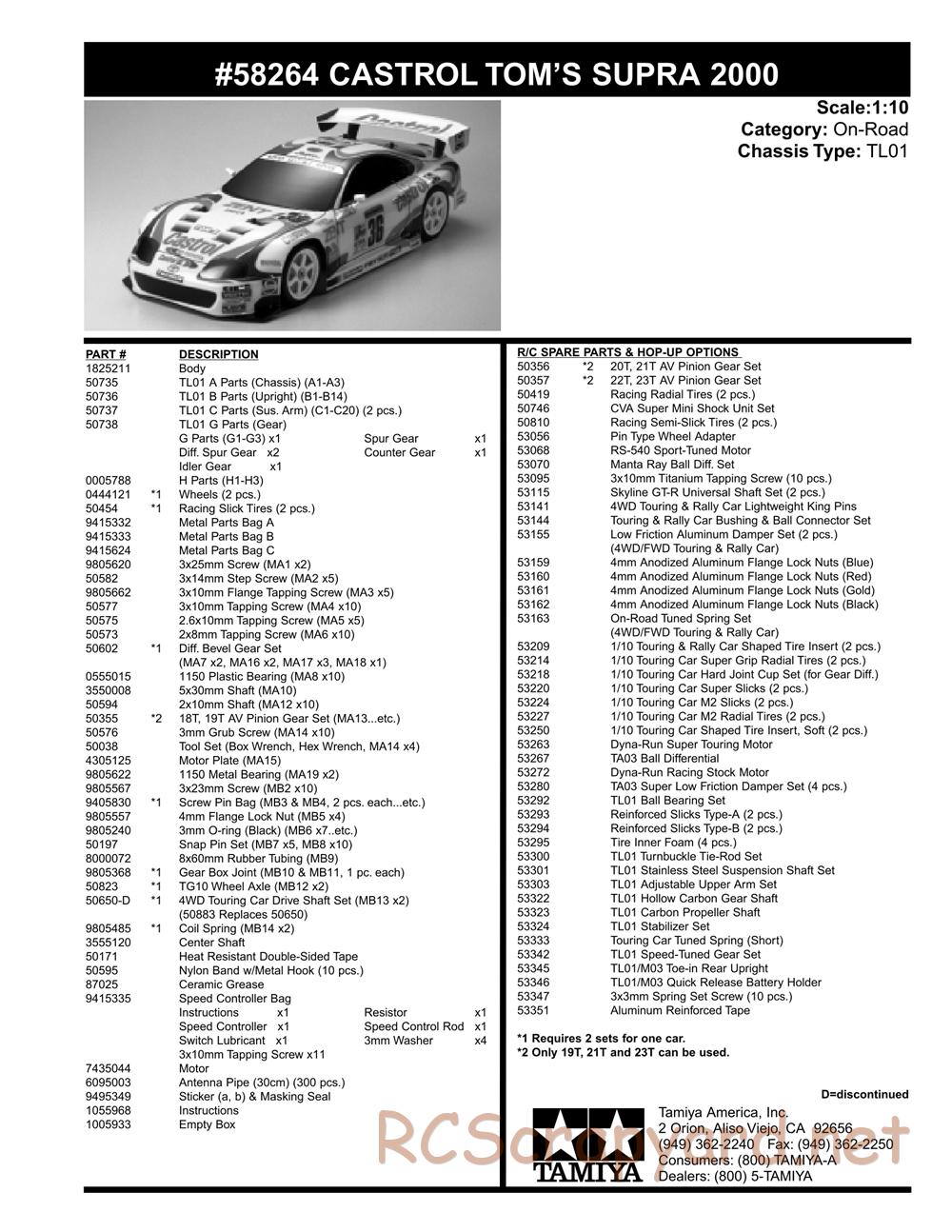 Tamiya - Castrol Tom's Supra 2000 - TL-01 Chassis - Parts List - Page 1