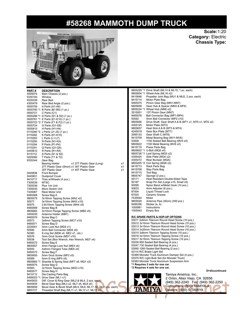 Tamiya - Mammoth Dump Truck Chassis - Parts List - Page 2