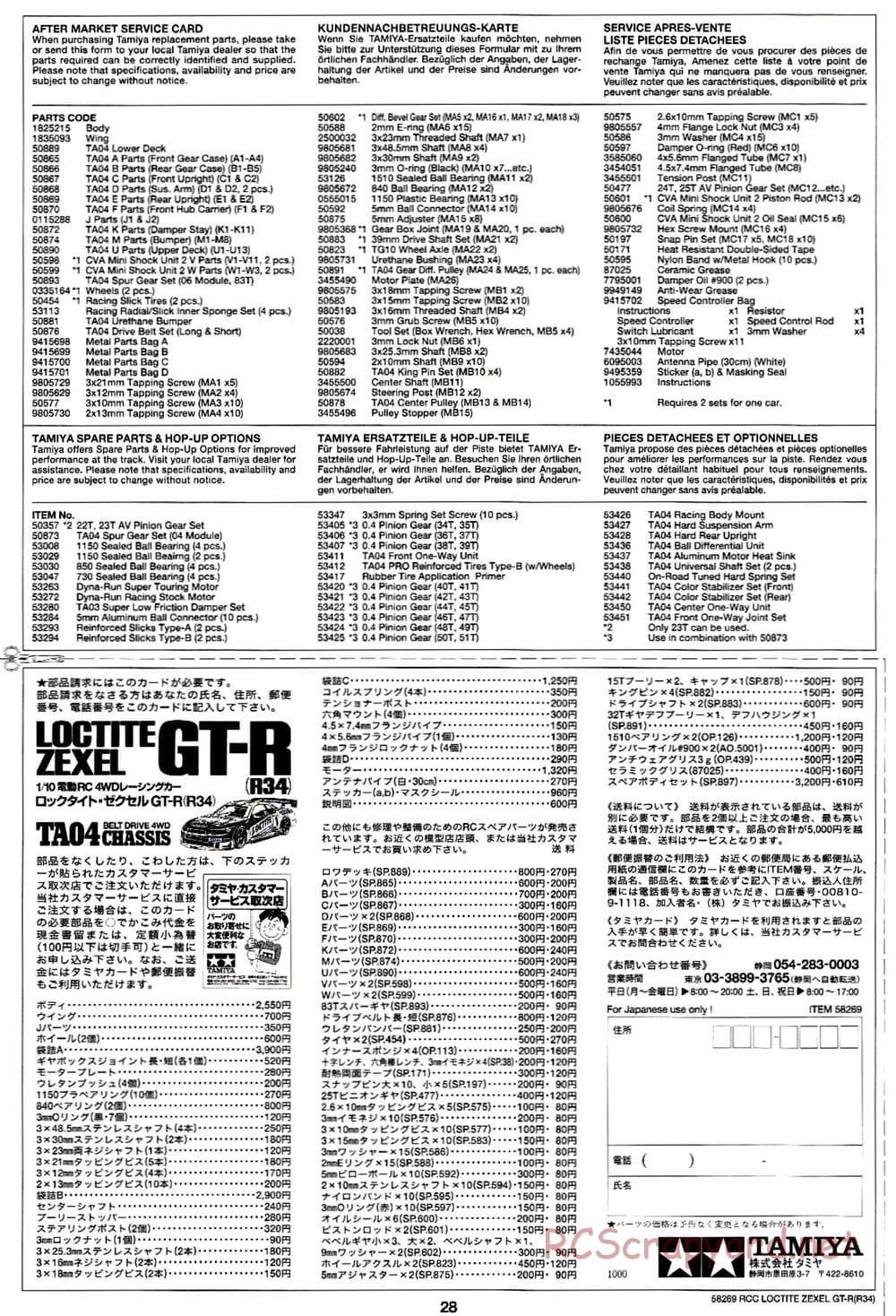 Tamiya - Loctite Zexel Skyline GT-R (R34) - TA-04 Chassis - Manual - Page 28
