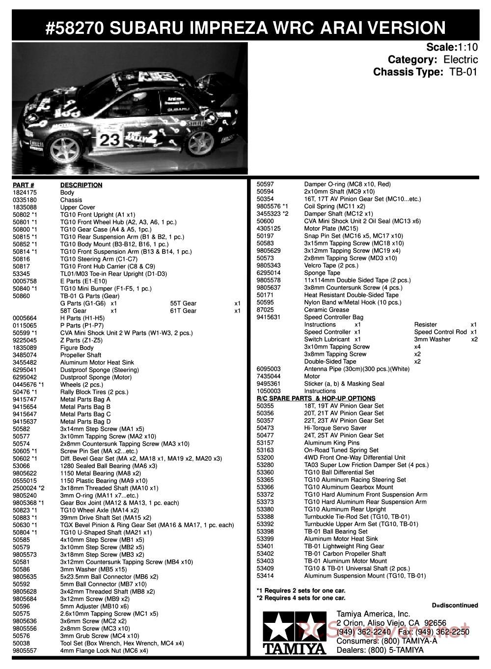 Tamiya - Subaru Impreza WRC Arai Version - TB-01 Chassis - Parts List - Page 1