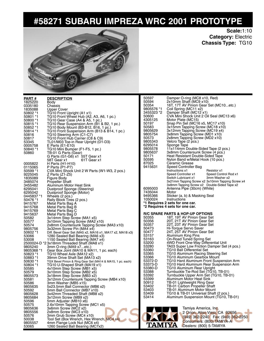 Tamiya - Subaru Impreza WRC 2001 Prototype - TB-01 Chassis - Parts List - Page 2