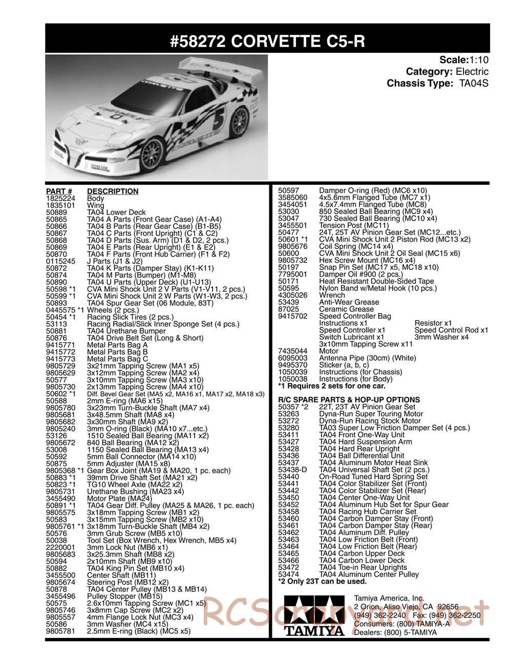 Tamiya - Corvette C5-R - TA04-S Chassis - Parts List - Page 1