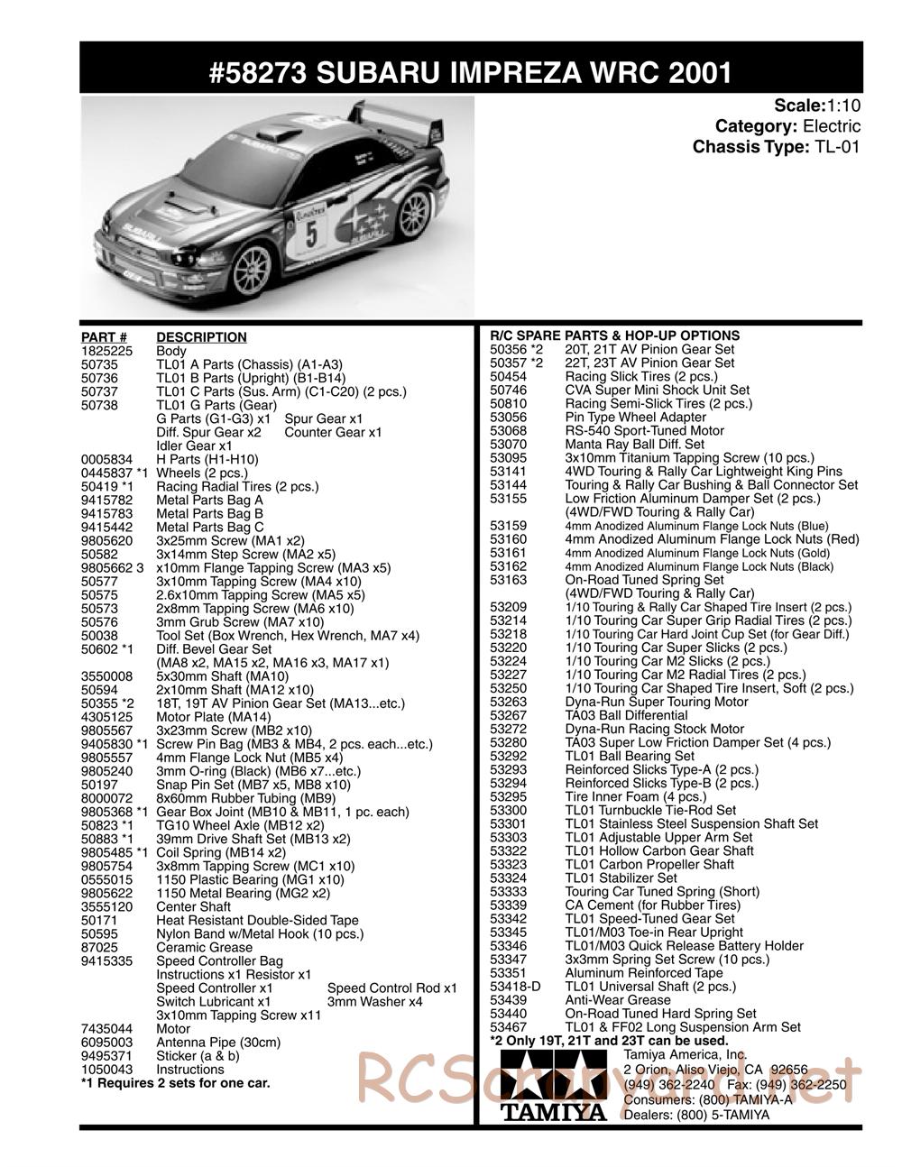 Tamiya - Subaru Impreza WRC 2001 - TL-01 Chassis - Parts List - Page 1