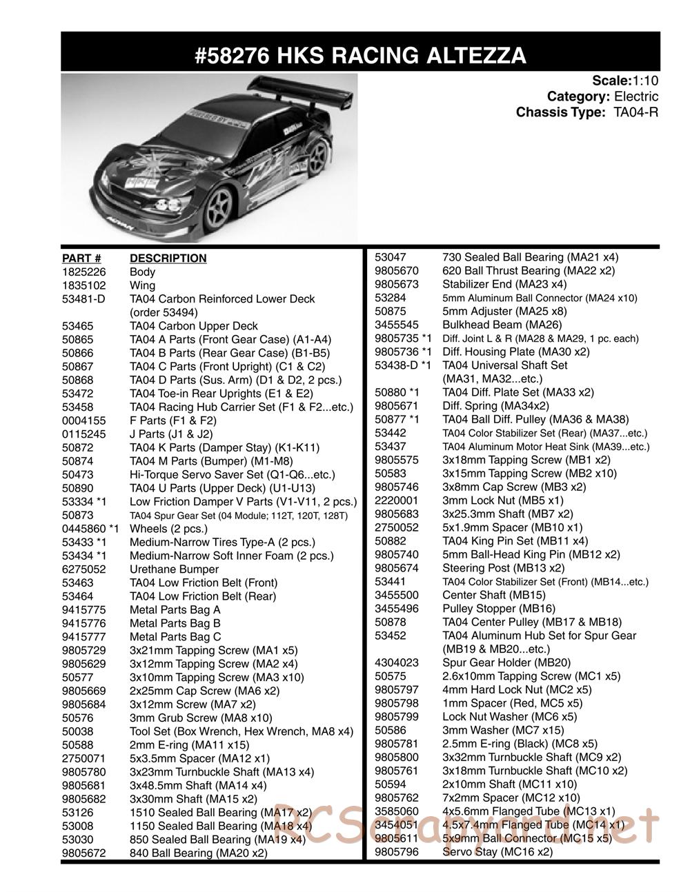 Tamiya - HKS Racing Altezza - TA-04R Chassis - Parts Lists - Page 1