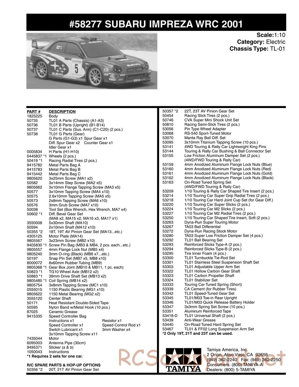 Tamiya - Subaru Impreza WRC 2001 - TL-01 Chassis - Parts List - Page 1