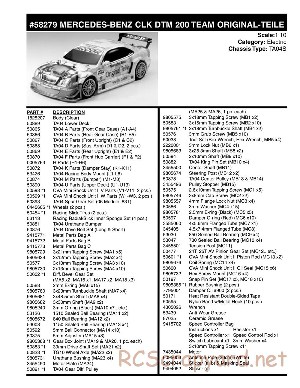 Tamiya - Mercedes Benz CLK DTM 2000 Team Original Teile - TA04-S Chassis - Parts List - Page 1