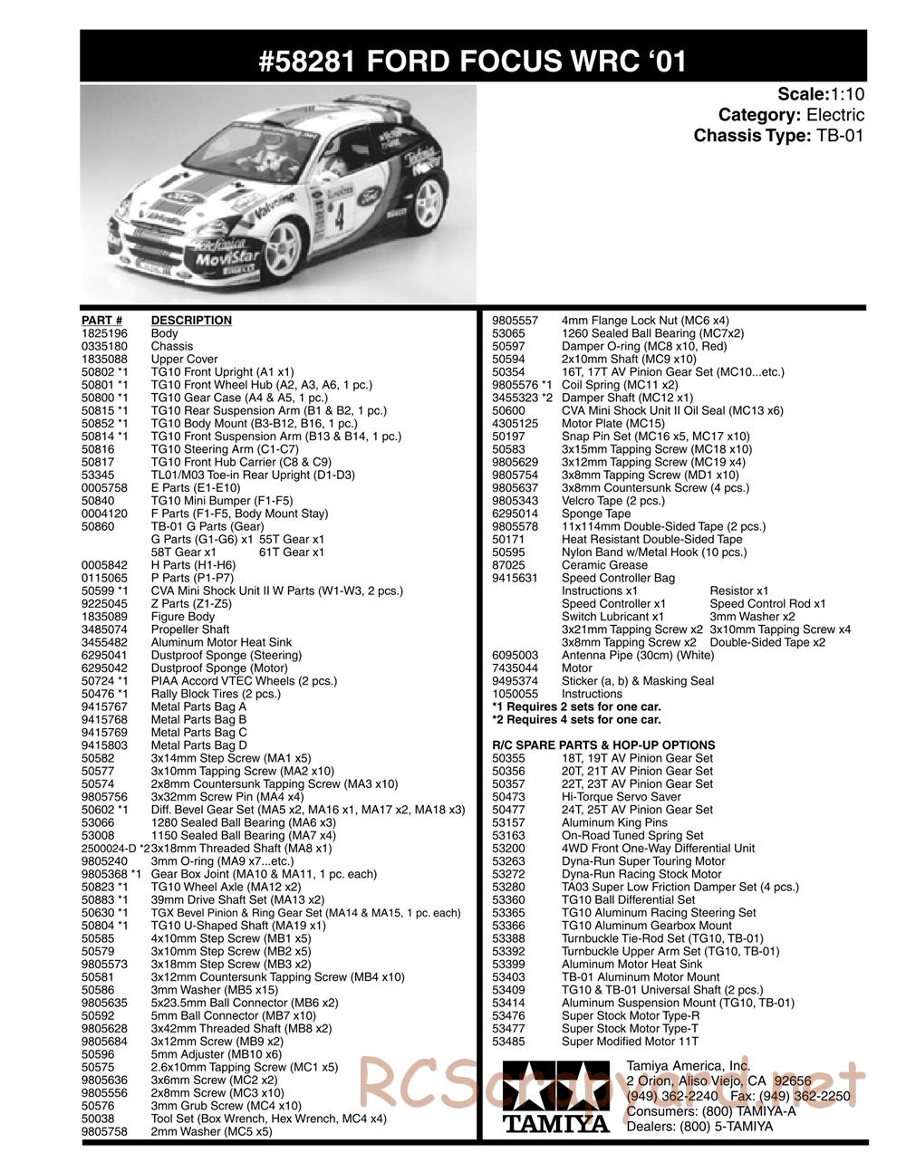 Tamiya - Ford Focus RS WRC 01 - TB-01 Chassis - Parts List - Page 2