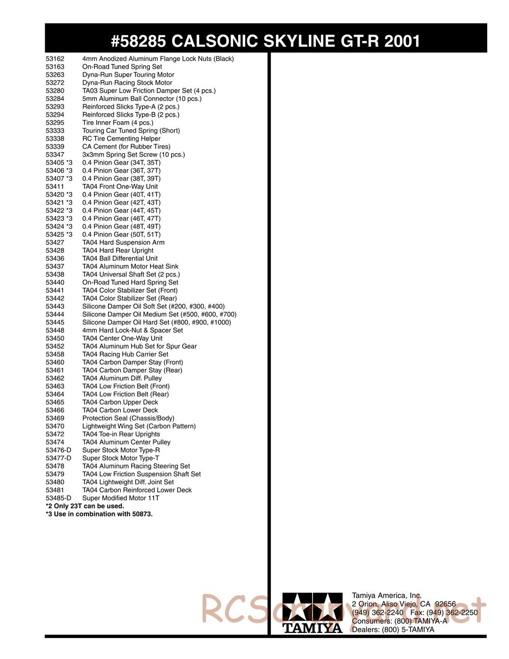Tamiya - Calsonic Skyline GT-R 2001 - TA04-S Chassis - Parts List - Page 2