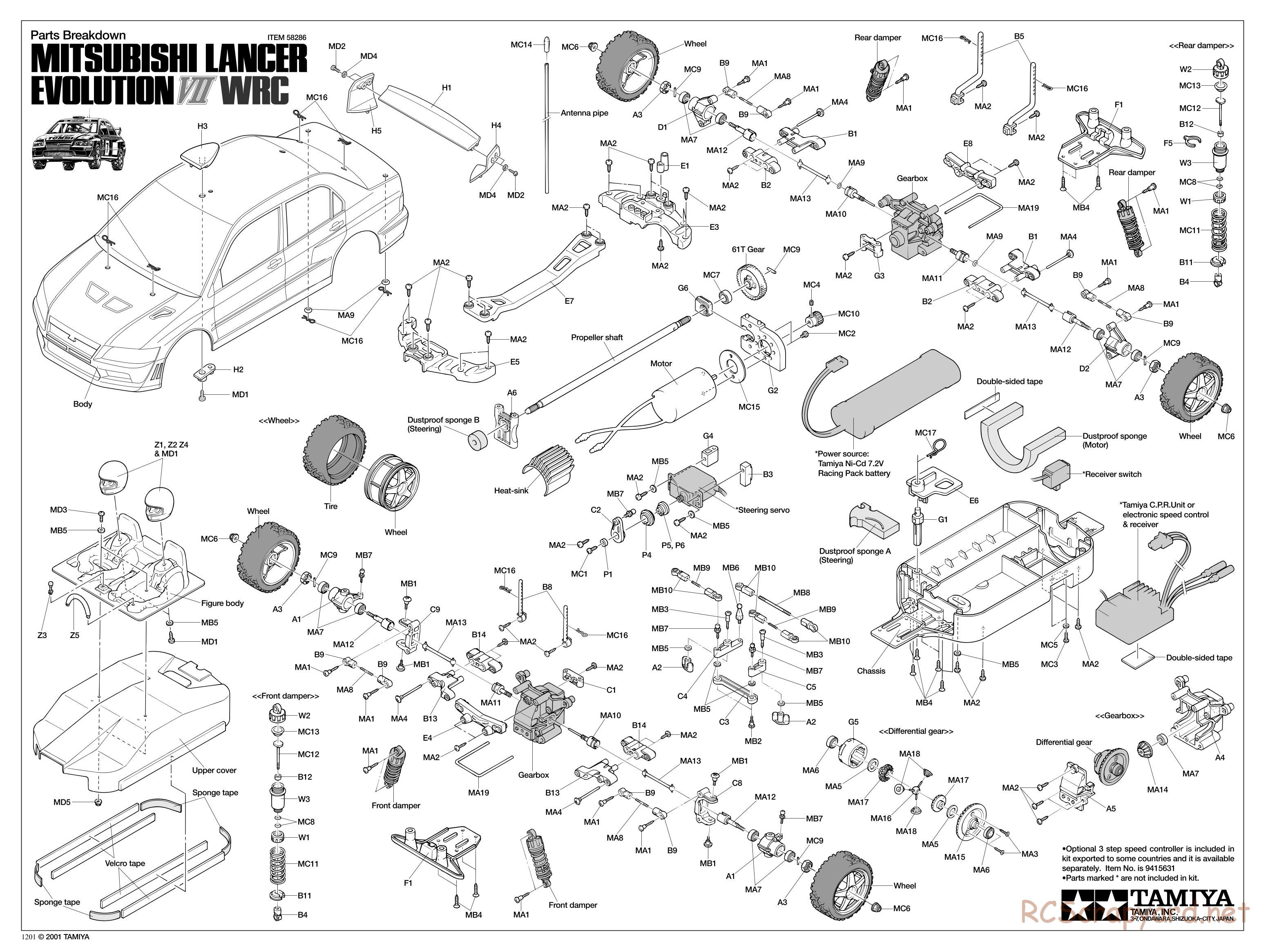 Tamiya - Mitsubishi Lancer Evolution VII WRC - TB-01 Chassis - Exploded View - Page 1