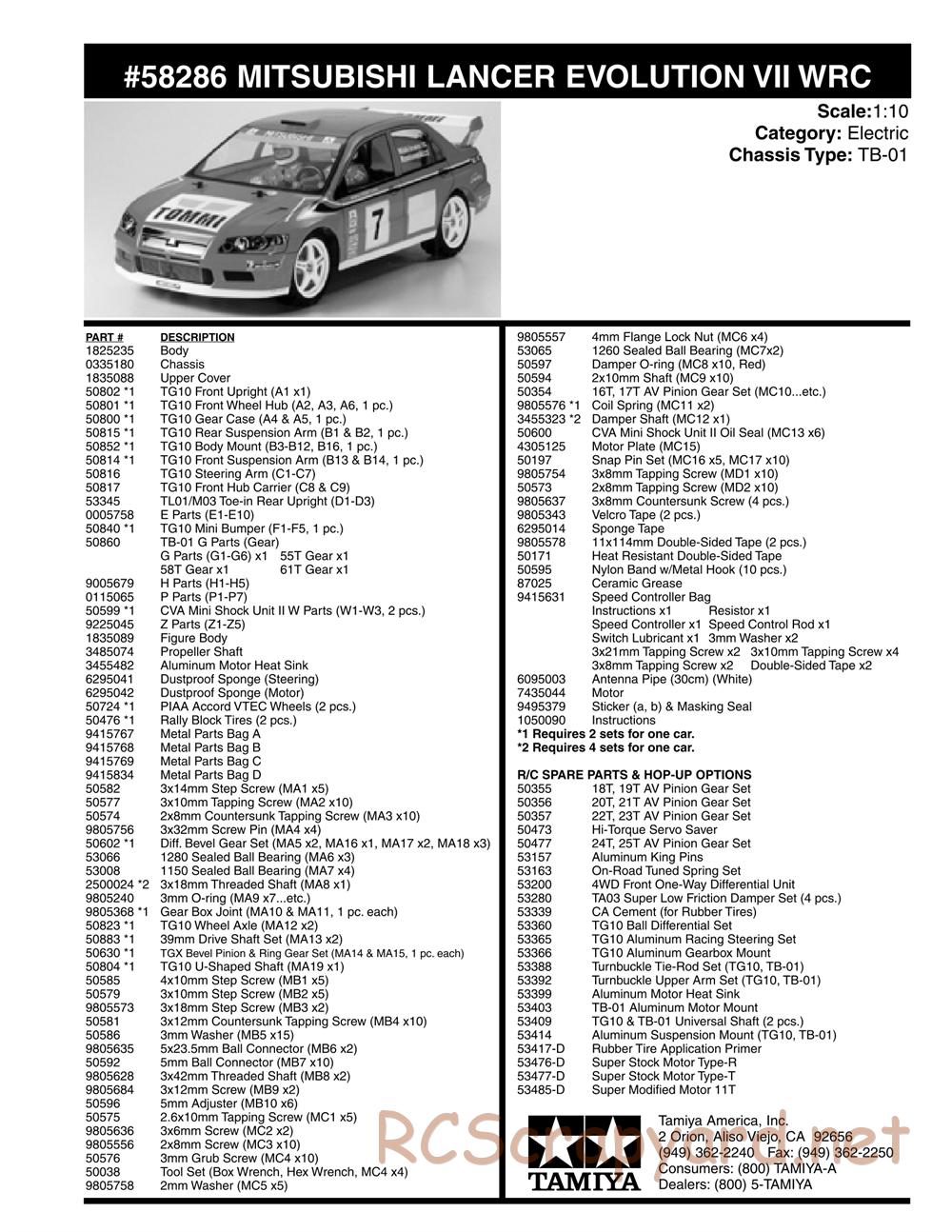 Tamiya - Mitsubishi Lancer Evolution VII WRC - TB-01 Chassis - Parts List - Page 2
