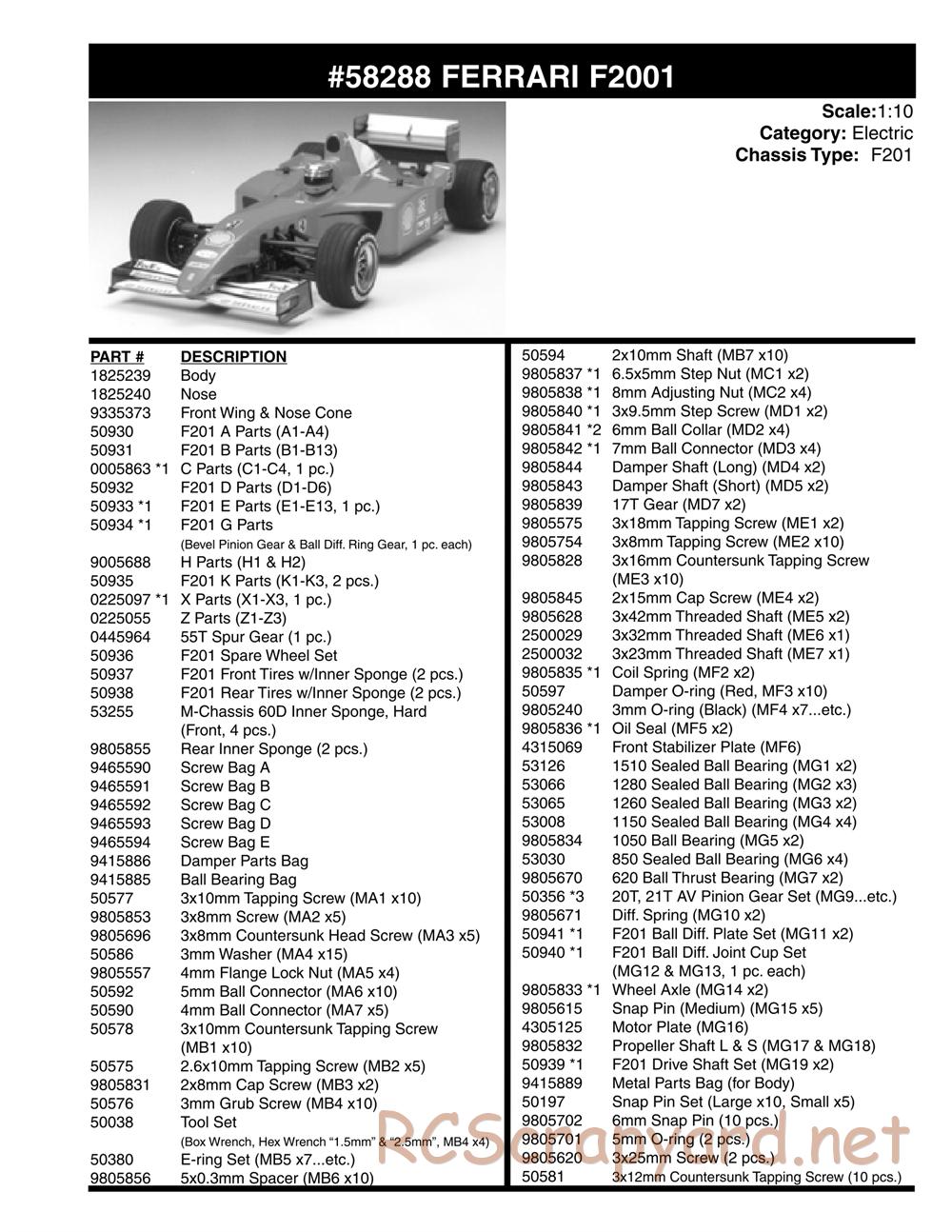 Tamiya - Ferrari F2001 - F201 Chassis - Parts List - Page 2