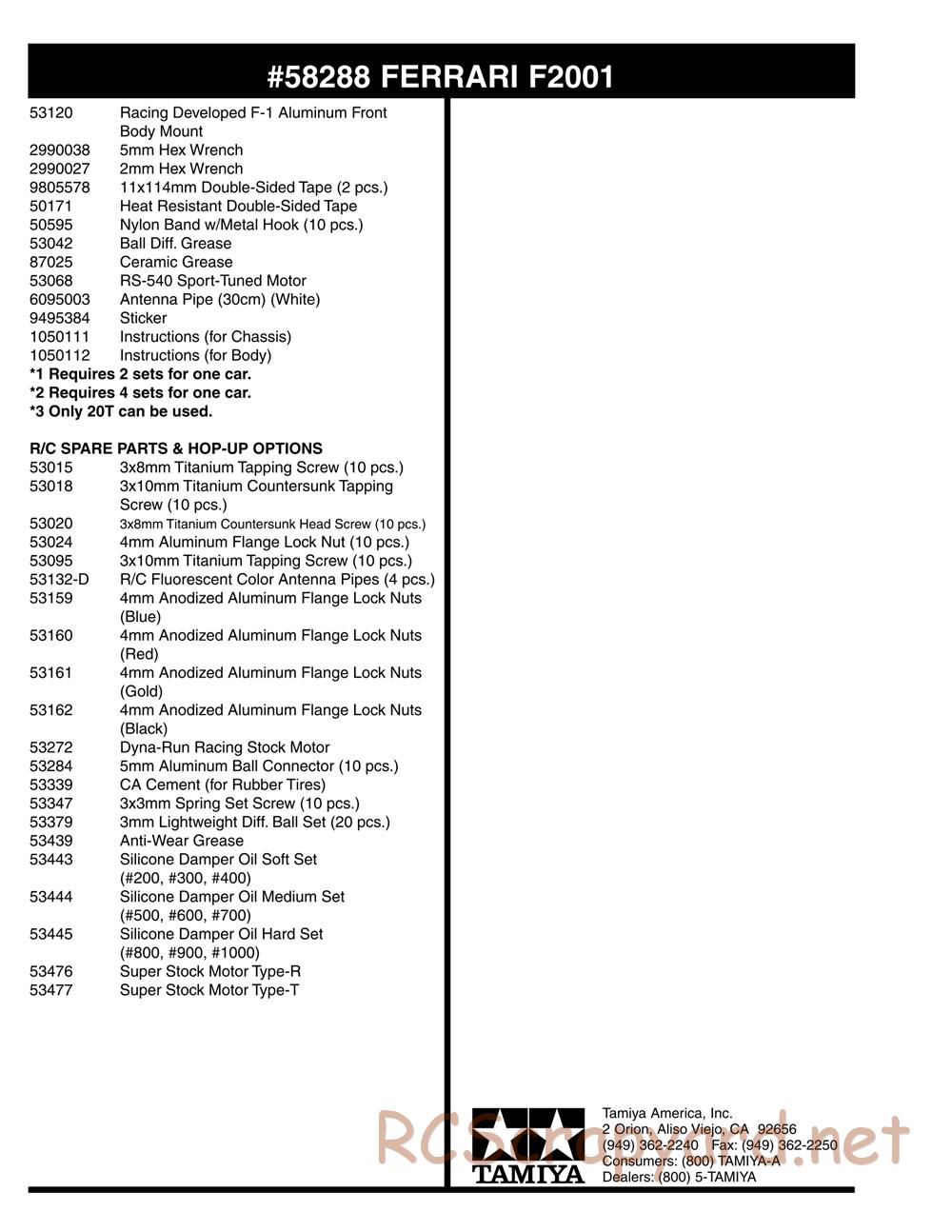 Tamiya - Ferrari F2001 - F201 Chassis - Parts List - Page 3