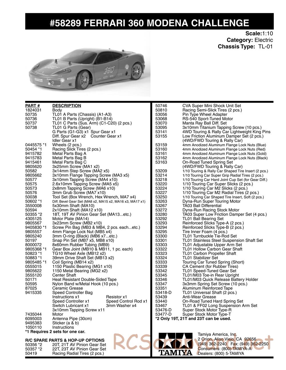 Tamiya - Ferrari 360 Modena Challenge - TL-01 Chassis - Parts List - Page 1