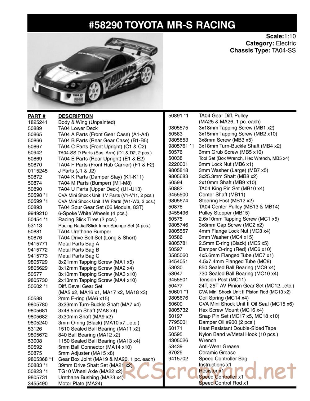 Tamiya - Toyota MR-S Racing - TA04-SS Chassis - Parts Lists - Page 1