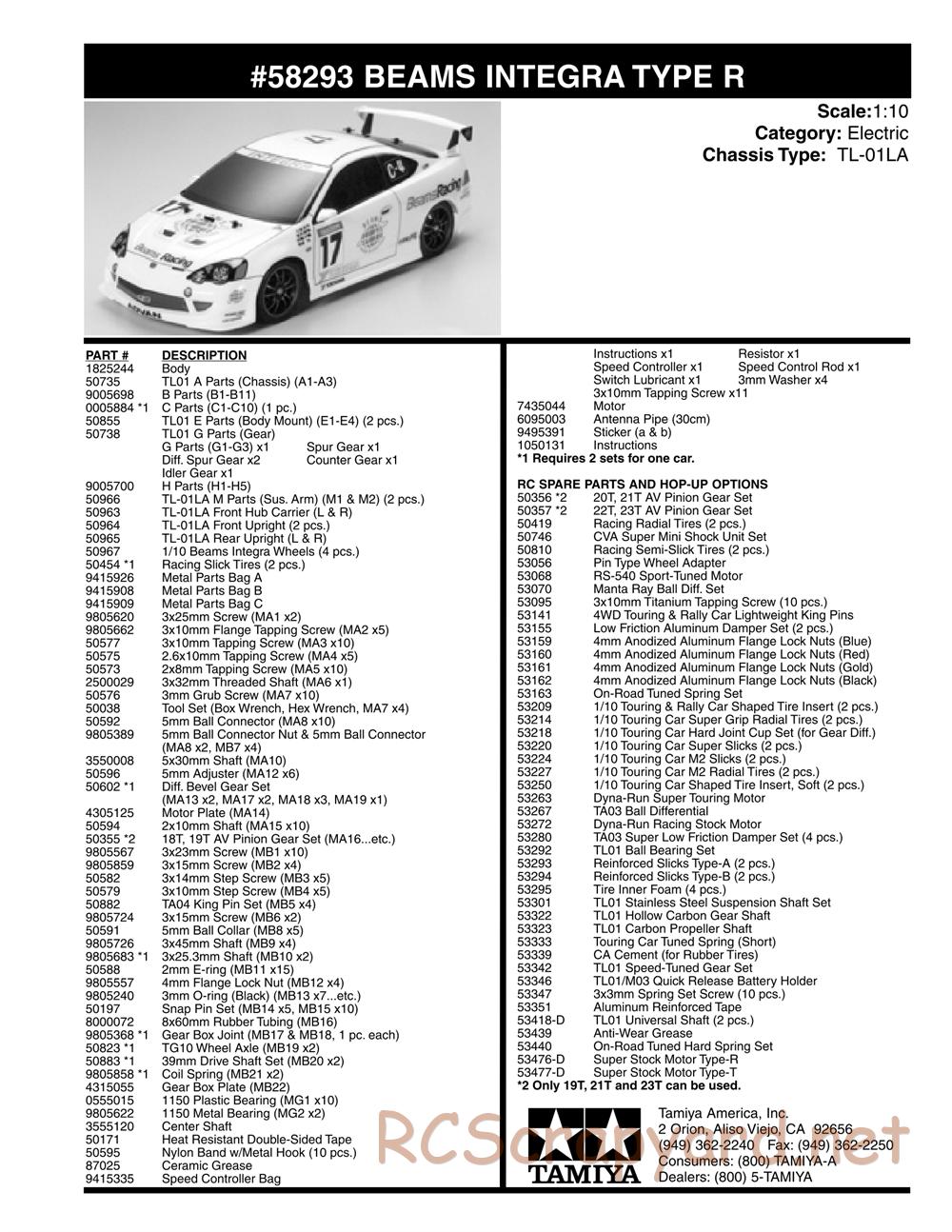 Tamiya - Beams Integra - TL-01 LA Chassis - Parts List - Page 2