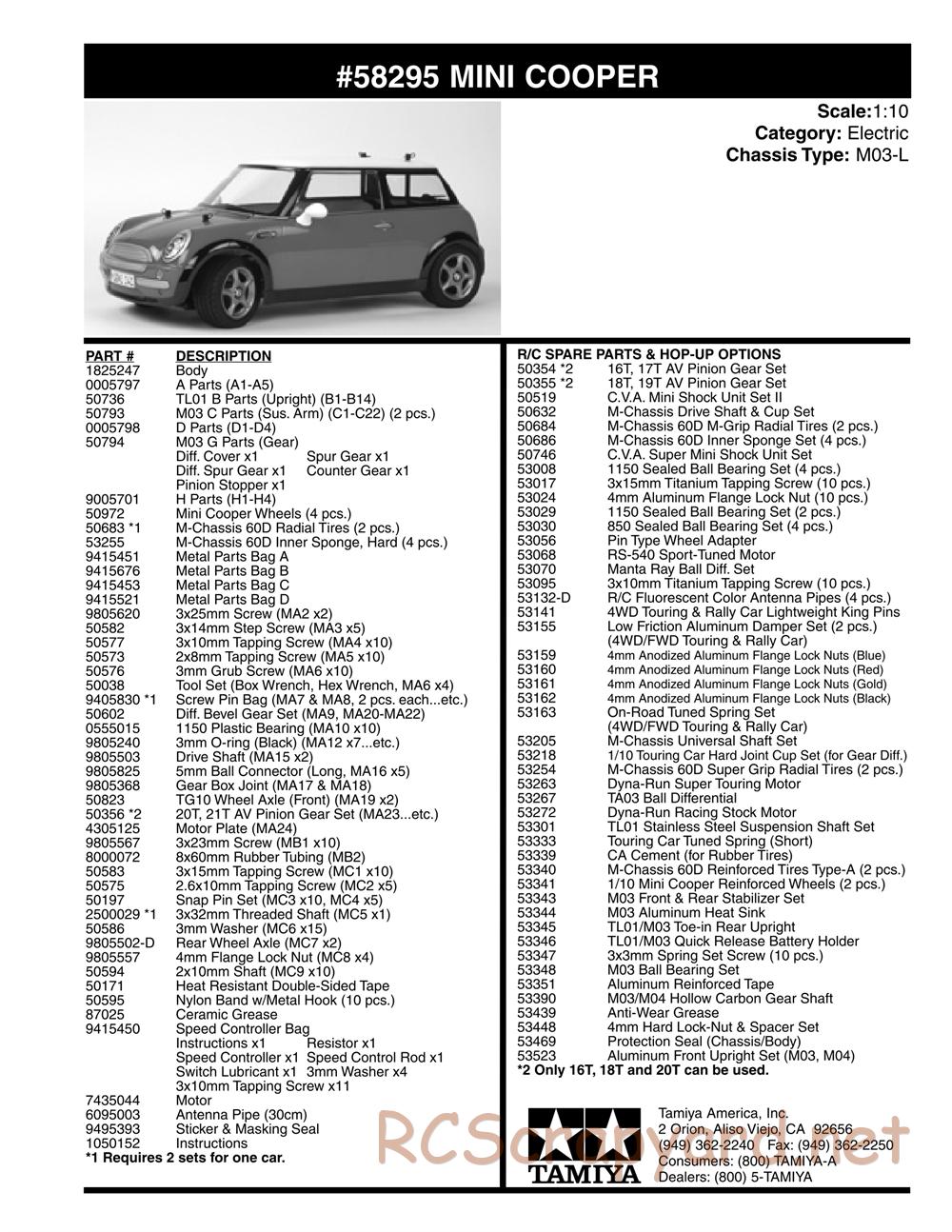 Tamiya - Mini Cooper - M03L Chassis - Parts List - Page 2