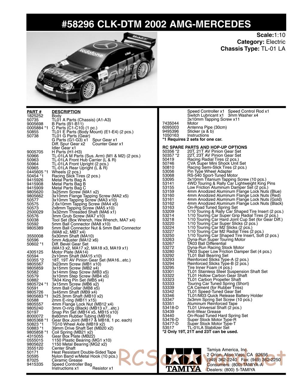 Tamiya - CLK DTM 2002 AMG Mercedes - TL-01 LA Chassis - Parts List - Page 1