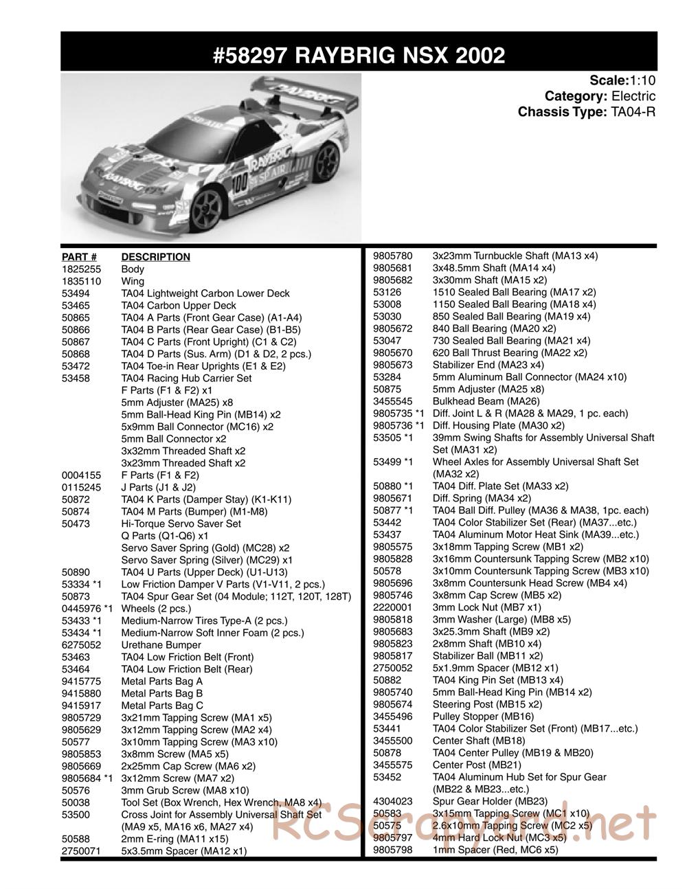 Tamiya - Raybrig NSX 2002 - TA04-R Chassis - Parts List - Page 2