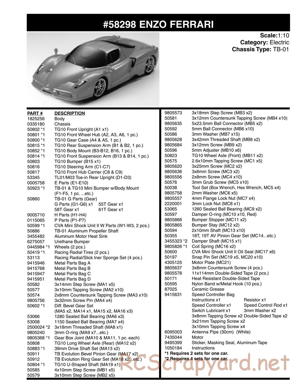 Tamiya - Enzo Ferrari - TB-01 Chassis - Parts List - Page 1
