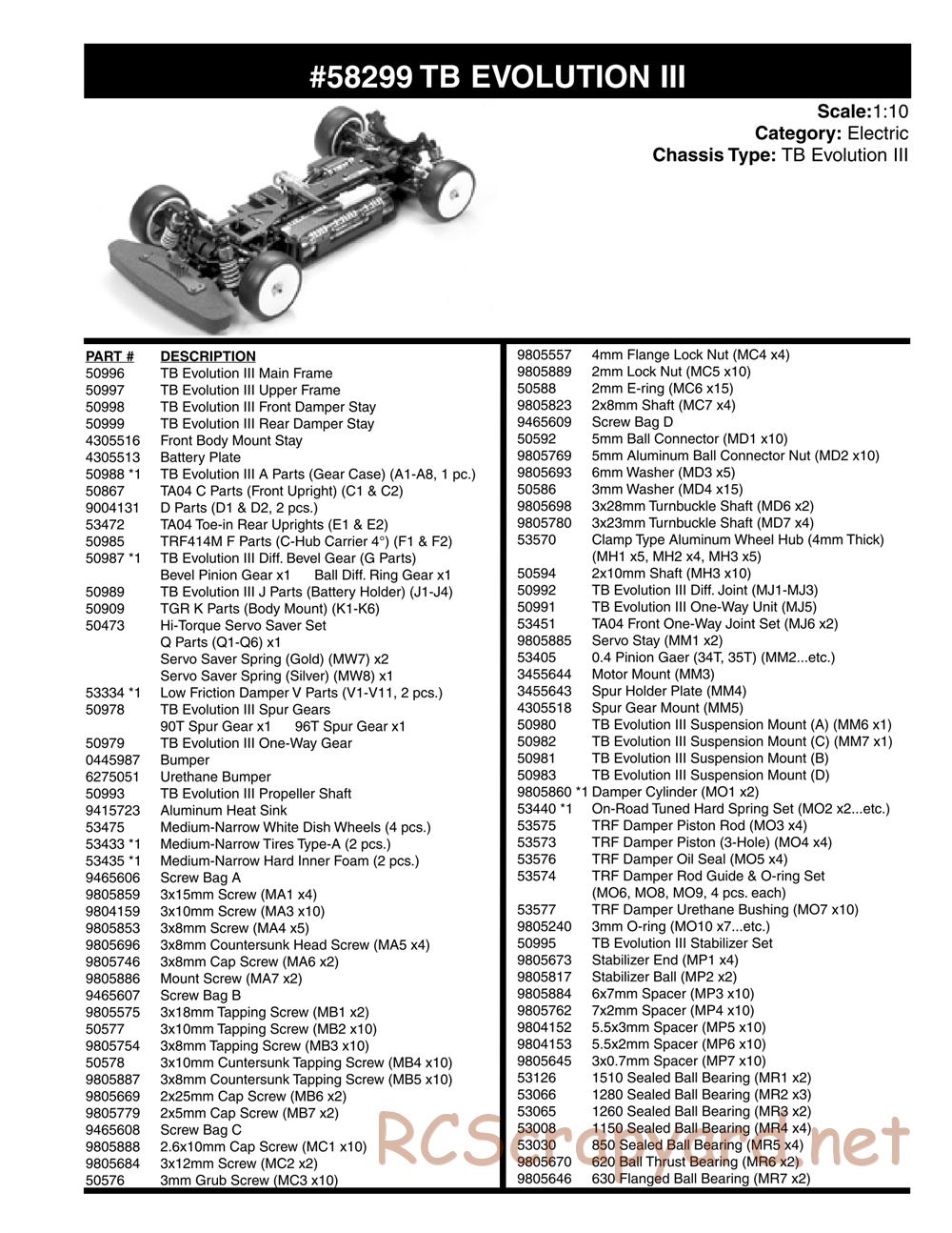 Tamiya - TB Evolution III Chassis - Parts List - Page 1