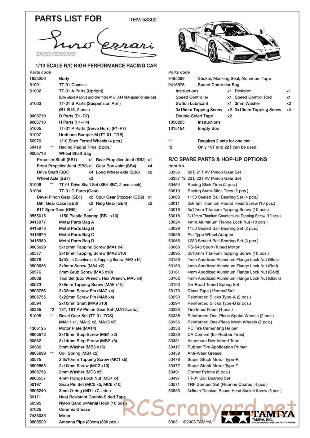 Tamiya - Enzo Ferrari - TT-01 Chassis - Parts List - Page 2