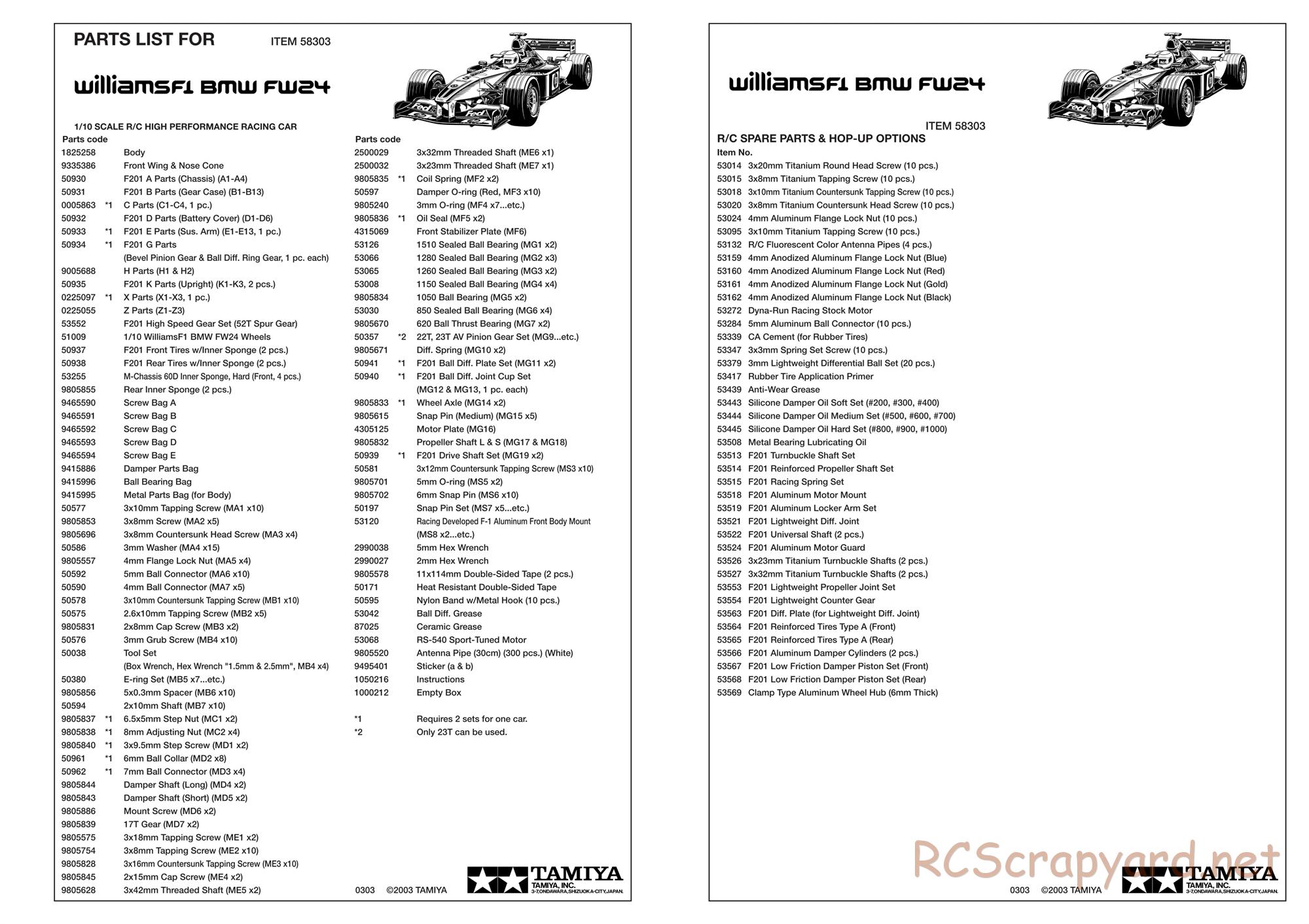 Tamiya - Williams F1 BMW FW24 - F201 Chassis - Parts List - Page 2