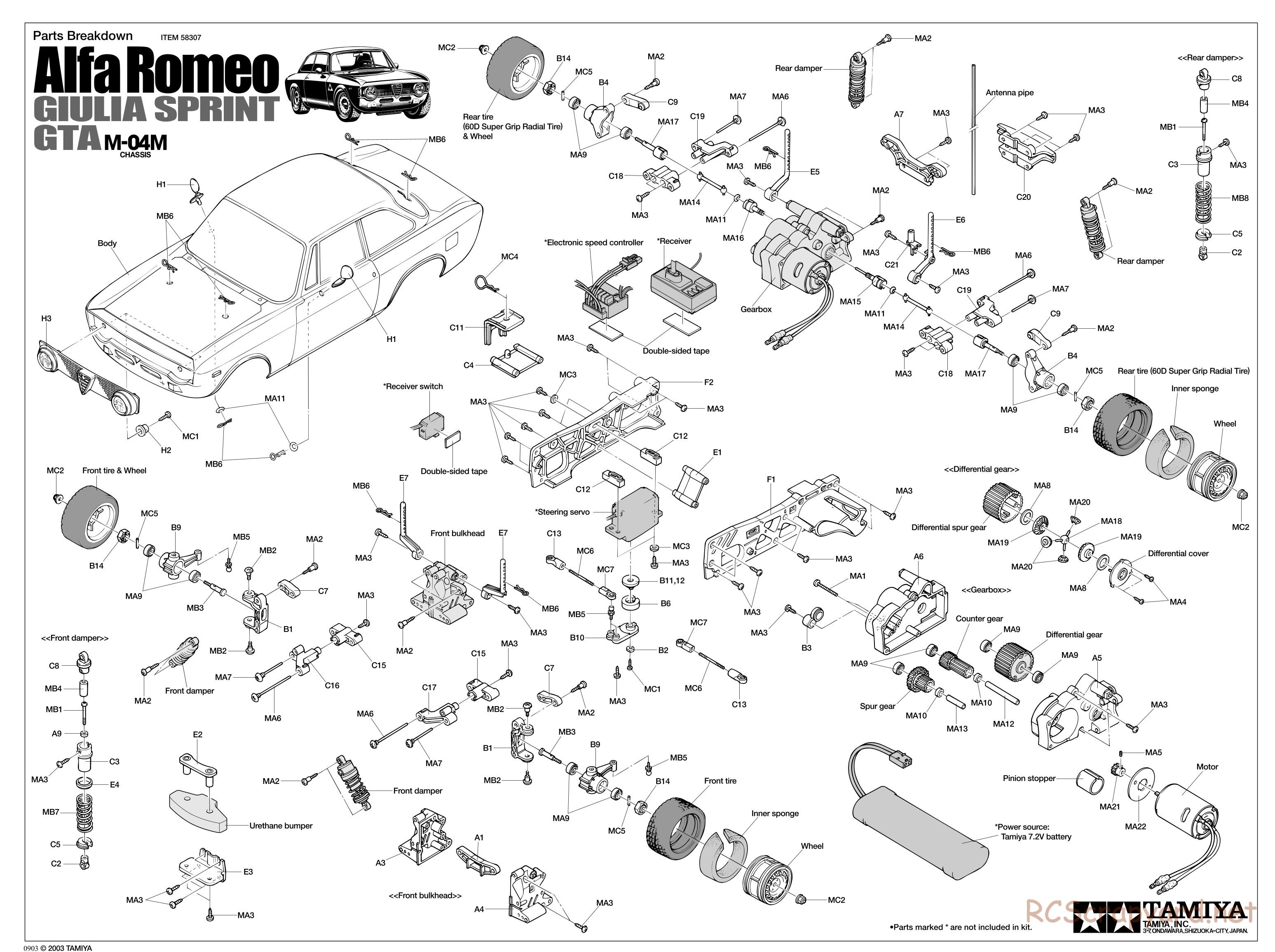 Tamiya - Alfa Romeo Giulia Sprint GTA - M04M Chassis - Exploded View - Page 1