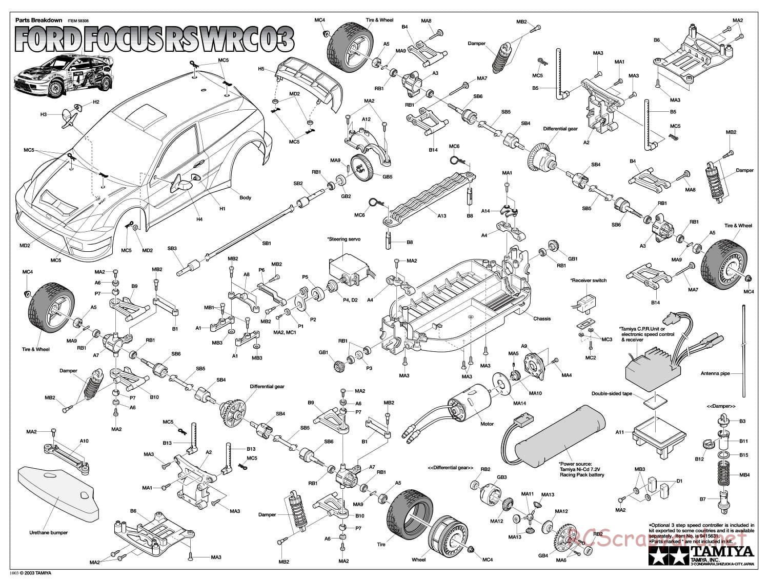 Tamiya - Ford Focus RS WRC 03 - TT-01 Chassis - Exploded View