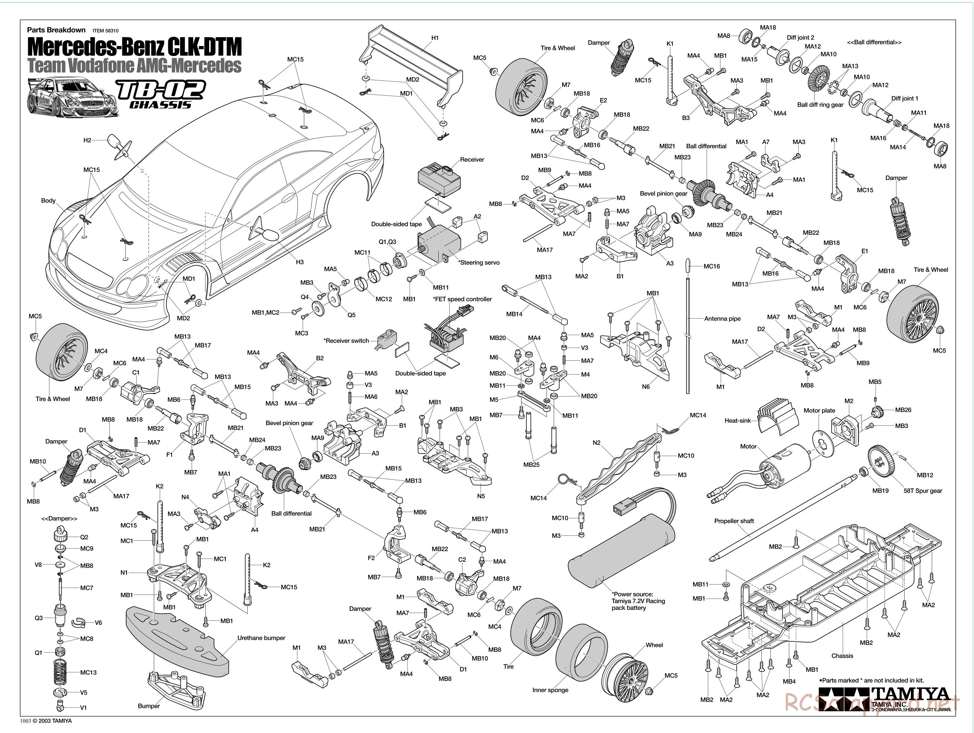 Tamiya - Mercedes-Benz CLK-DTM Team Vodafone AMG-Mercedes - TB-02 Chassis - Exploded View - Page 1