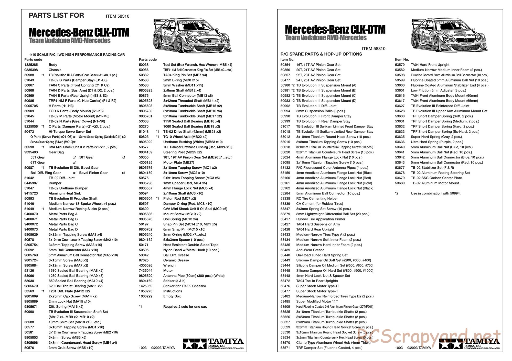 Tamiya - Mercedes-Benz CLK-DTM Team Vodafone AMG-Mercedes - TB-02 Chassis - Parts List - Page 2