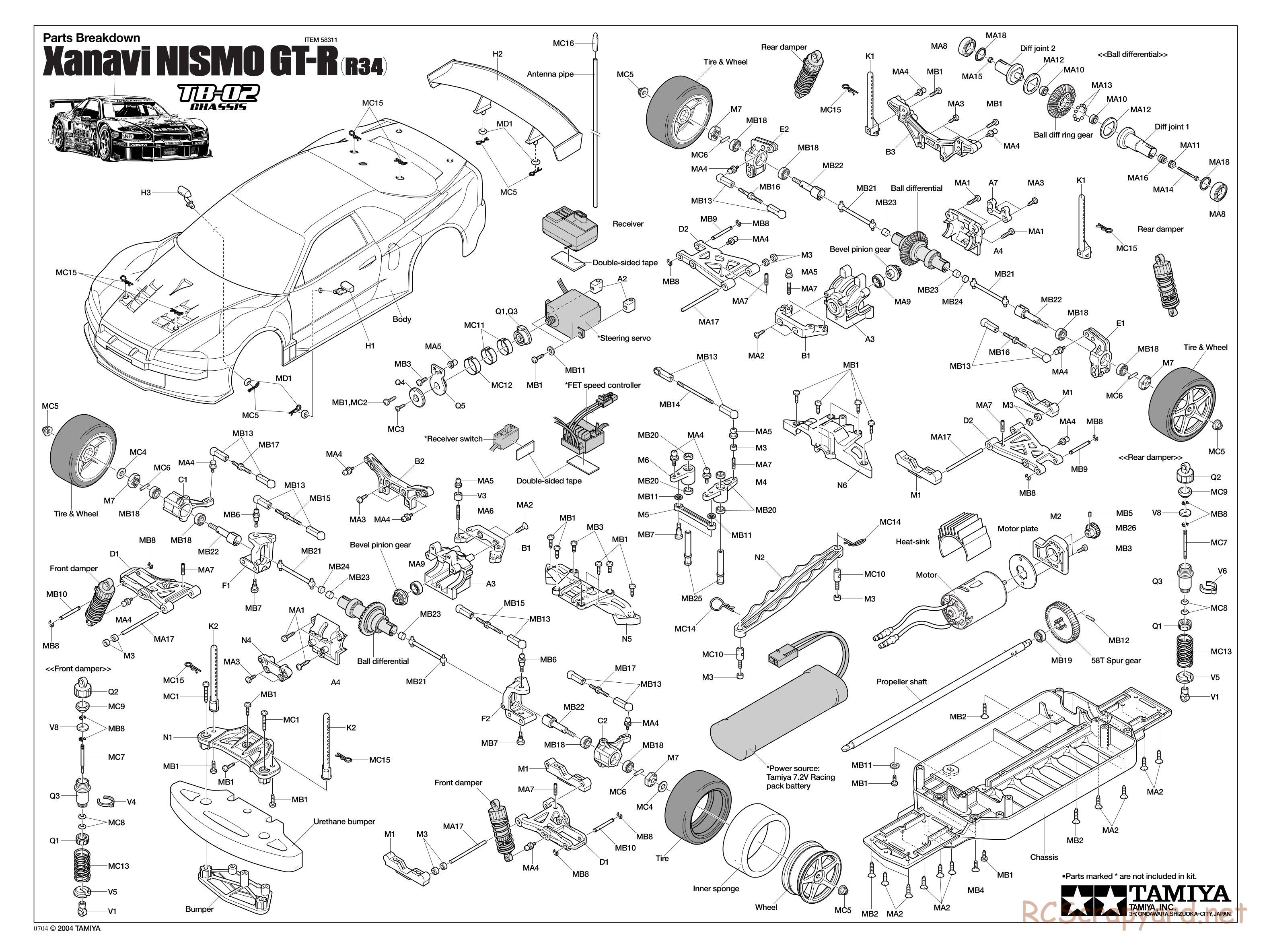 Tamiya - Xanavi Nismo GT-R (R34) - TB-02 Chassis - Exploded View - Page 1