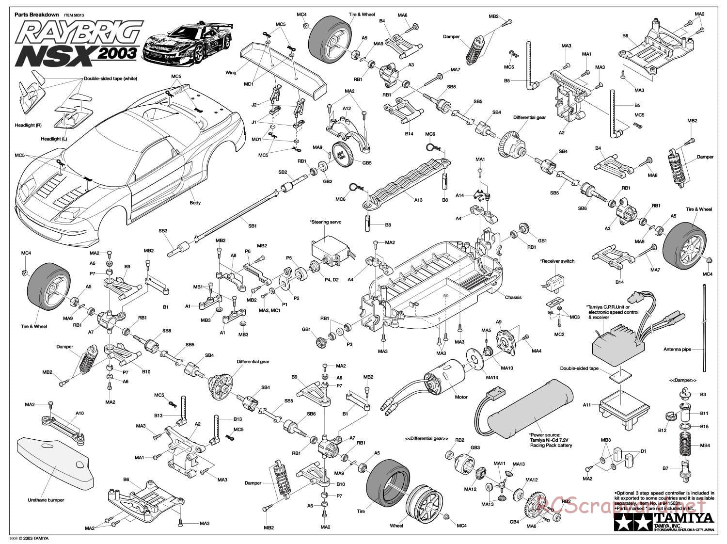 Tamiya - Raybrig NSX 2003 - TT-01 Chassis - Exploded View