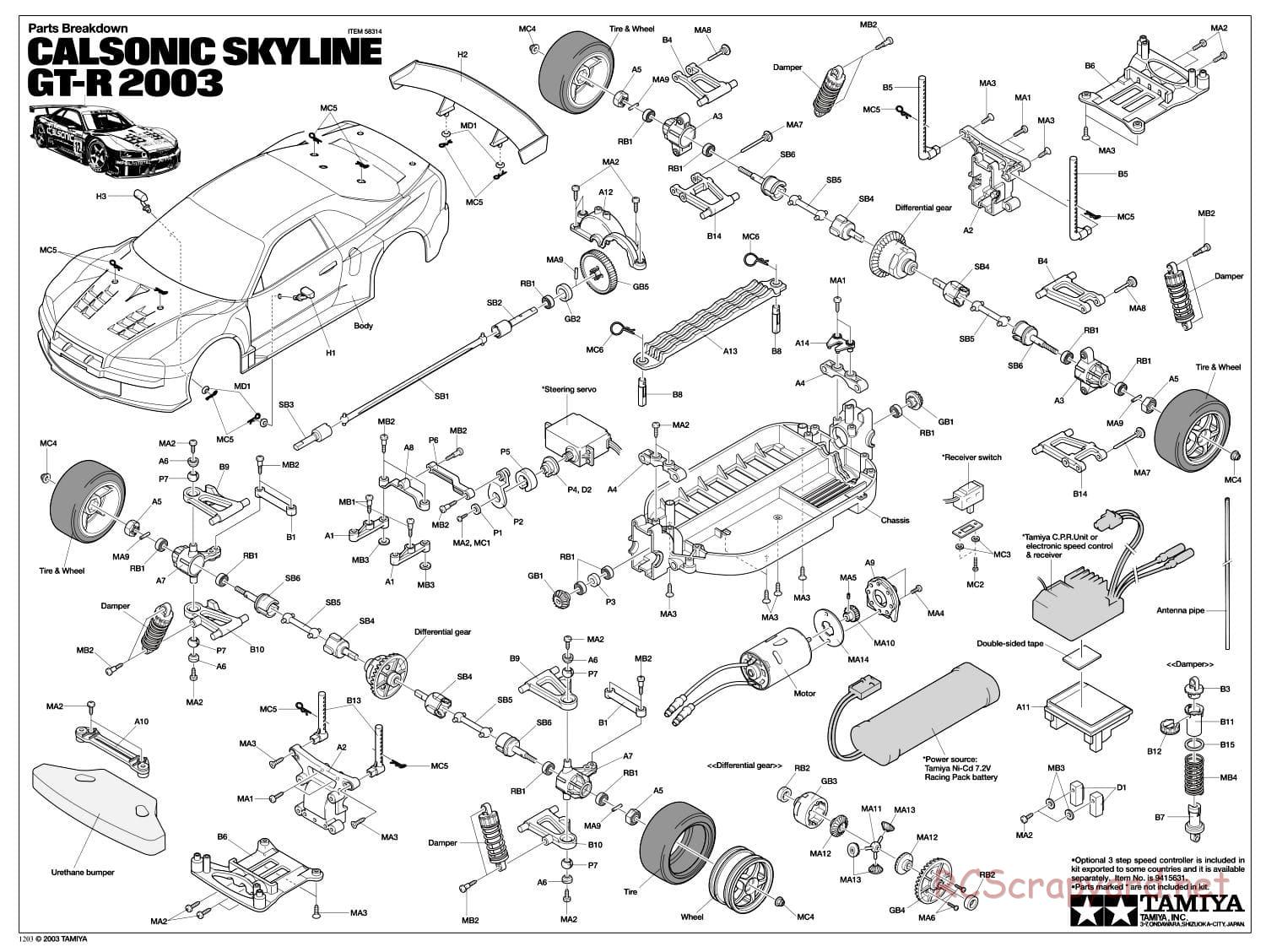 Tamiya - Calsonic Skyline GT-R 2003 - TT-01 Chassis - Exploded View