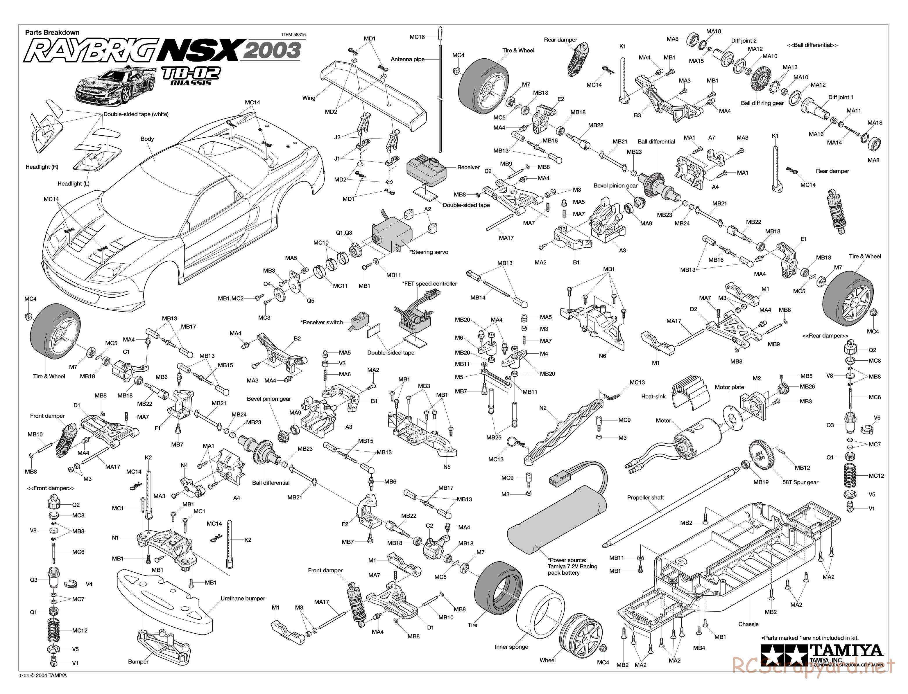 Tamiya - Raybrig NSX 2003 - TB-02 Chassis - Exploded View - Page 1