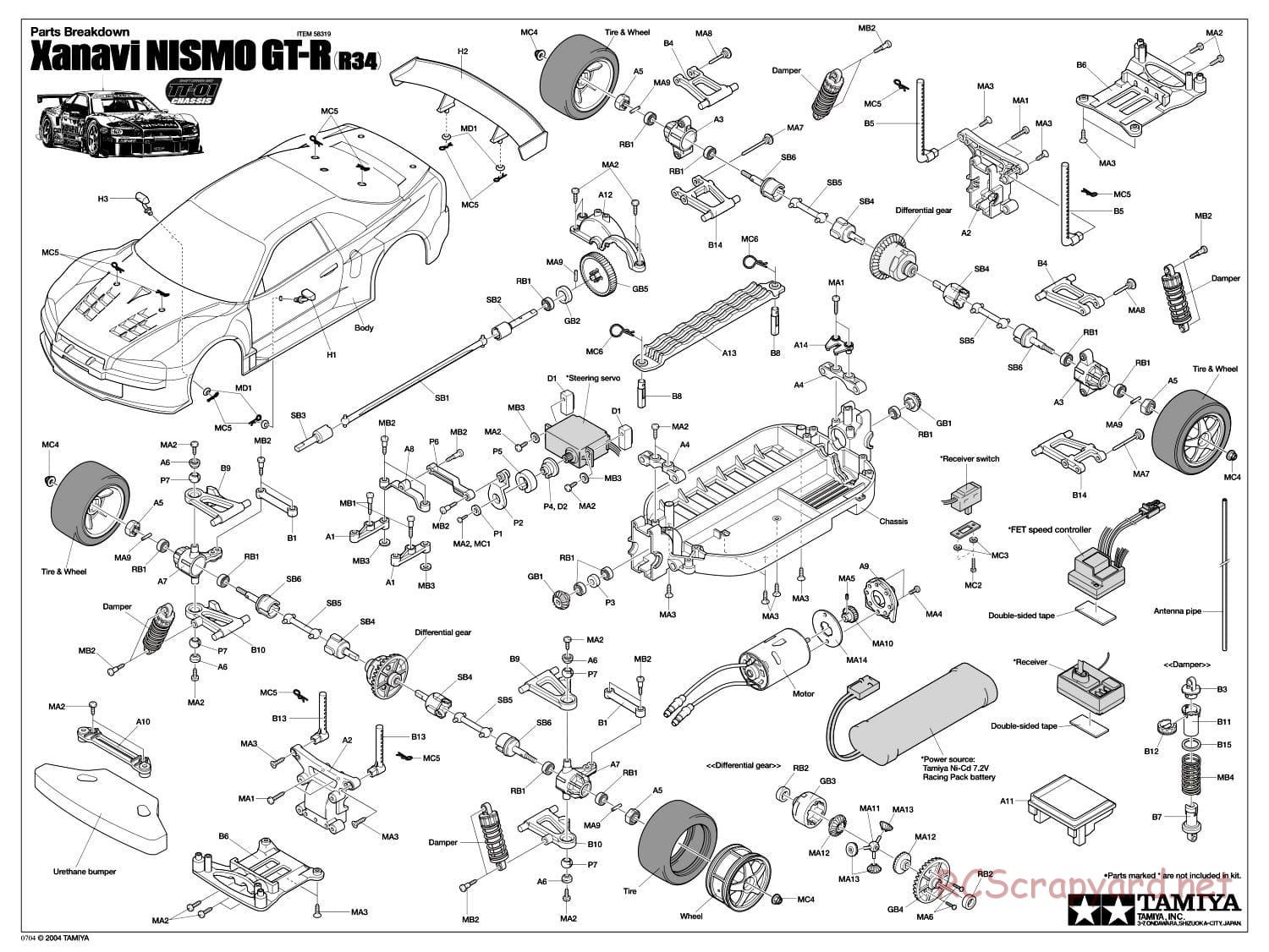 Tamiya - Xanavi Nismo GT-R R34 - TT-01 Chassis - Exploded View