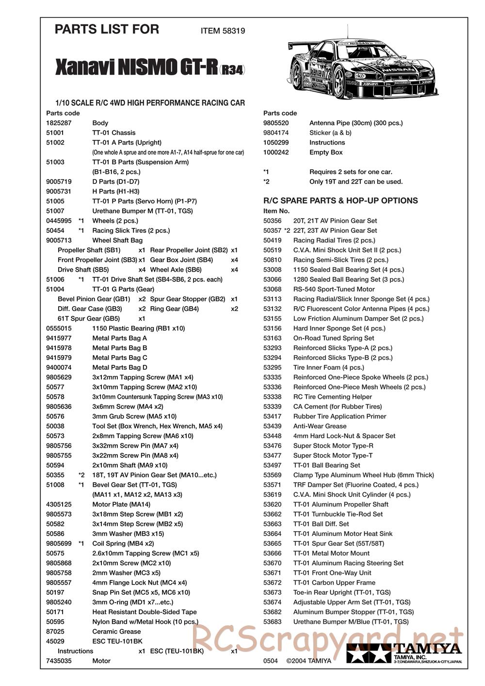 Tamiya - Xanavi Nismo GT-R R34 - TT-01 Chassis - Parts List - Page 2
