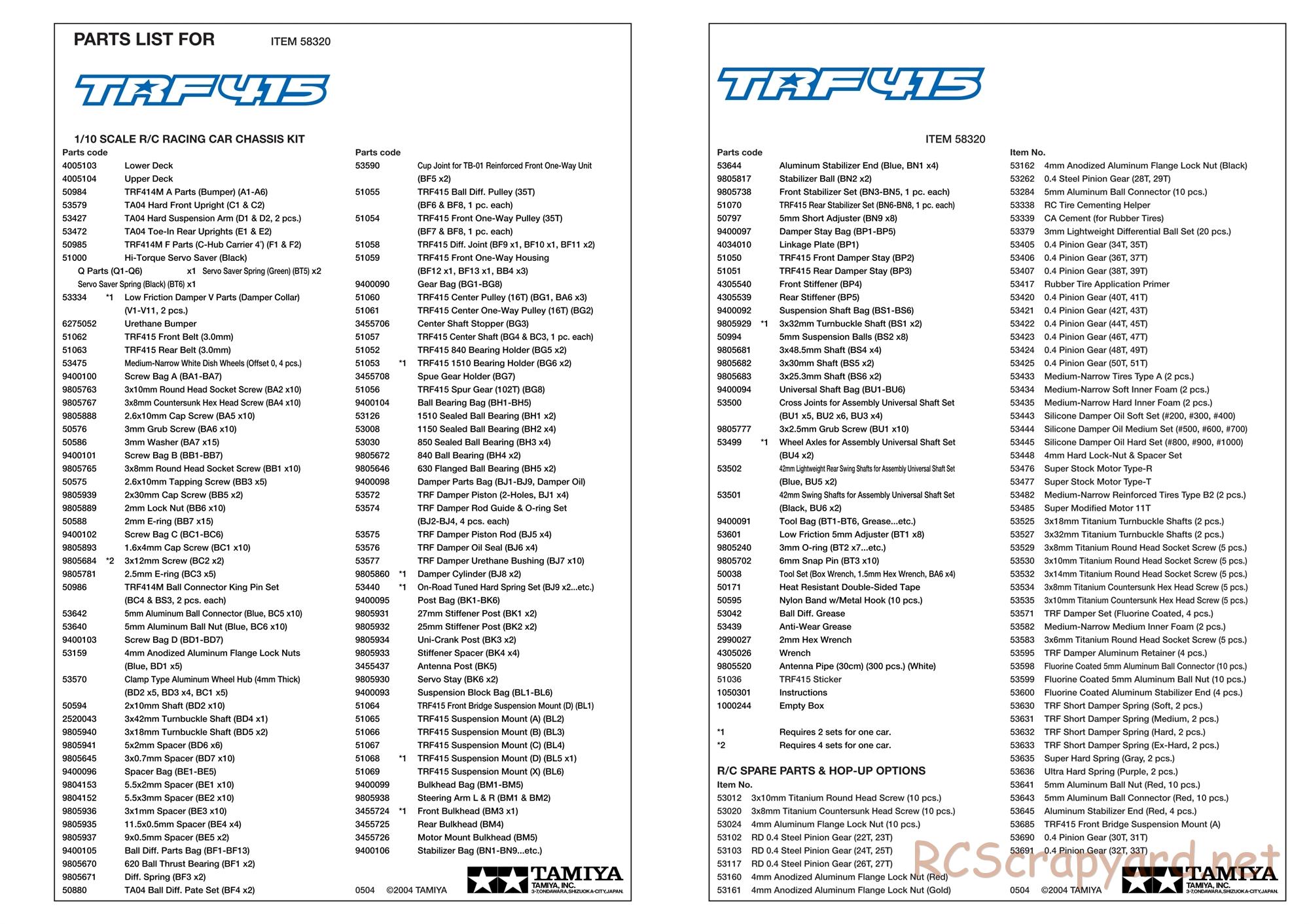 Tamiya - TRF415 Chassis - Parts List - Page 2