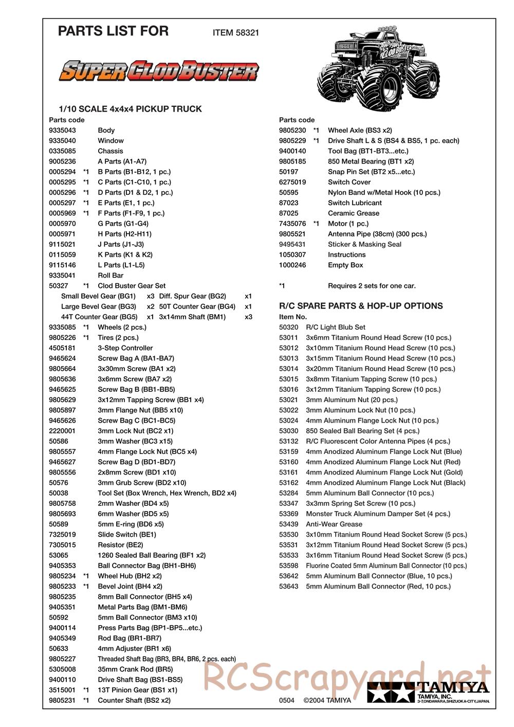 Tamiya - Super Clod Buster Chassis - Parts List - Page 2