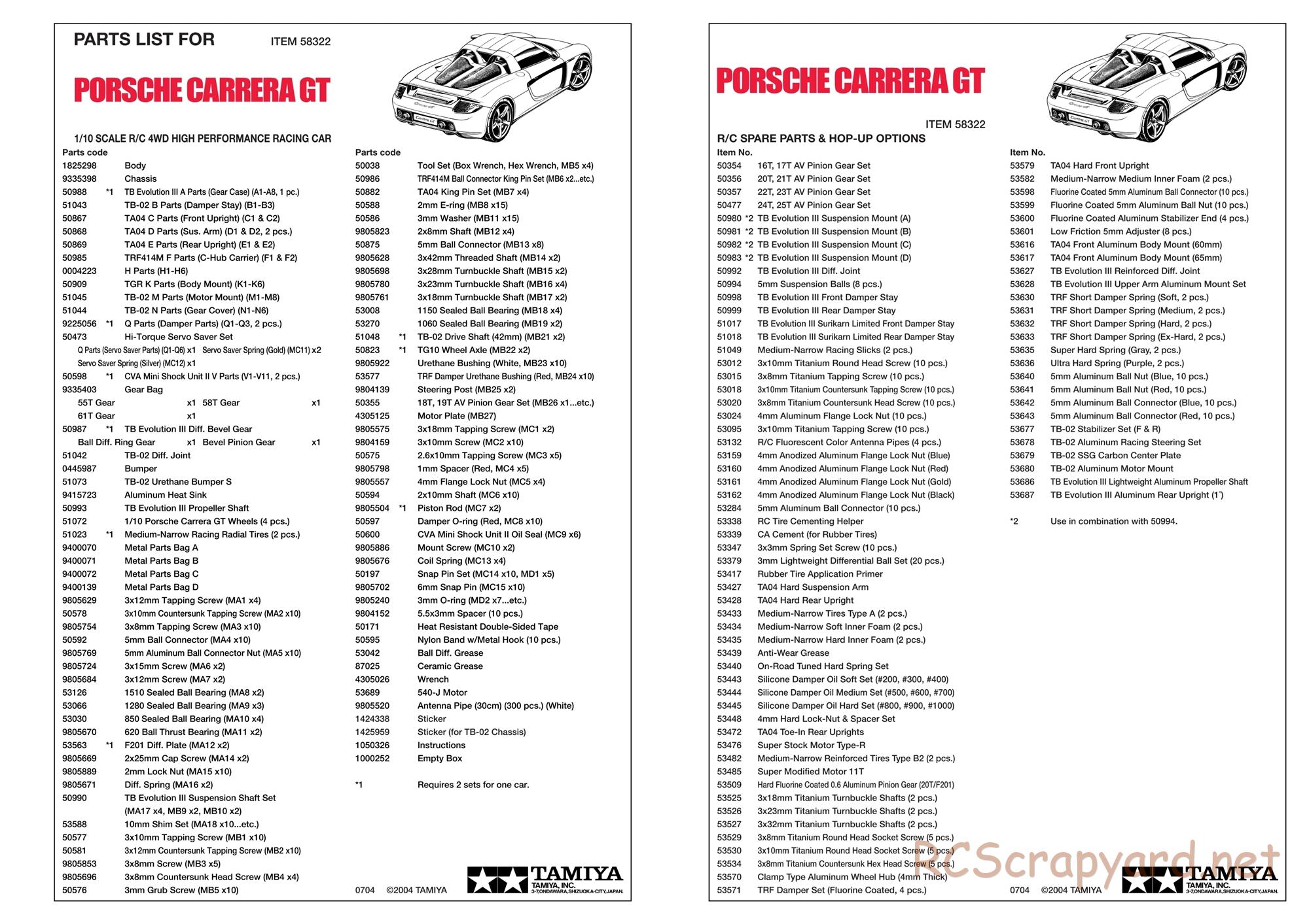 Tamiya - Porsche Carrera GT - TB-02 Chassis - Parts List - Page 2