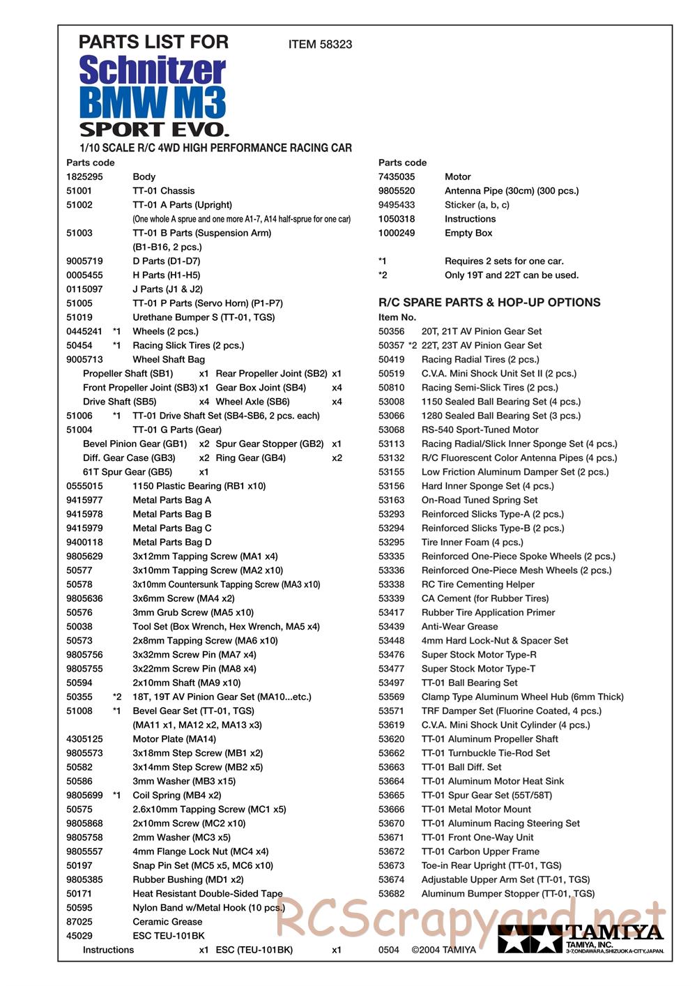 Tamiya - Schnitzer BMW M3 Sport Evo - TT-01 Chassis - Parts List - Page 2