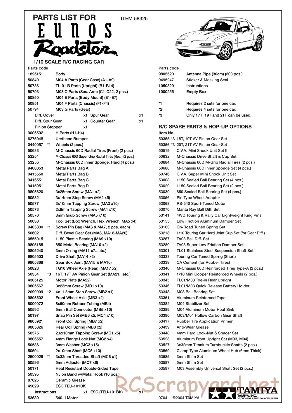 Tamiya - Eunos Roadster - M04M Chassis - Parts List - Page 2