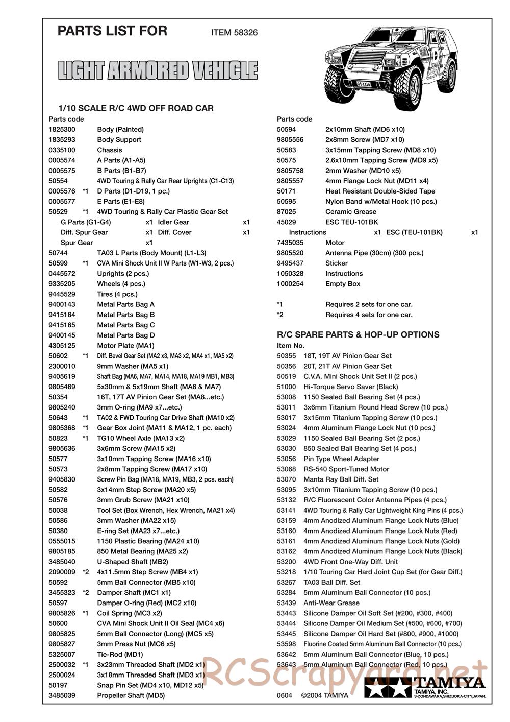 Tamiya - JGSDF Light Armored Vehicle - TA-01 Chassis - Parts List - Page 1